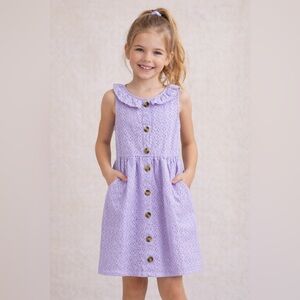 Little Lass Girls Lavender Eyelet Dress Size 10 Button Front Summer Dress